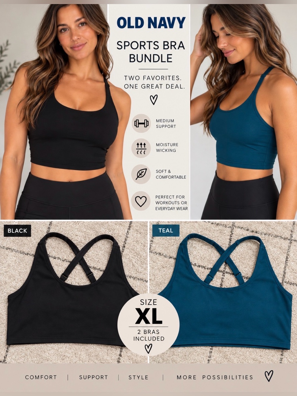 Old Navy Black & Teal Crisscross Sports Bra Bundle